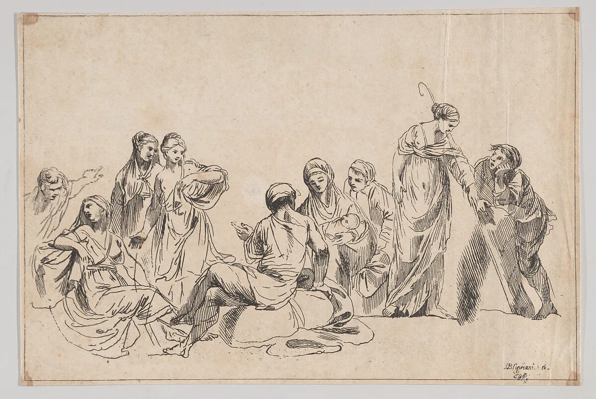 A group of nine women, one at center holds a baby and one at right holds a shepherdess's crook — Giovanni Battista Cipriani|Anonymous