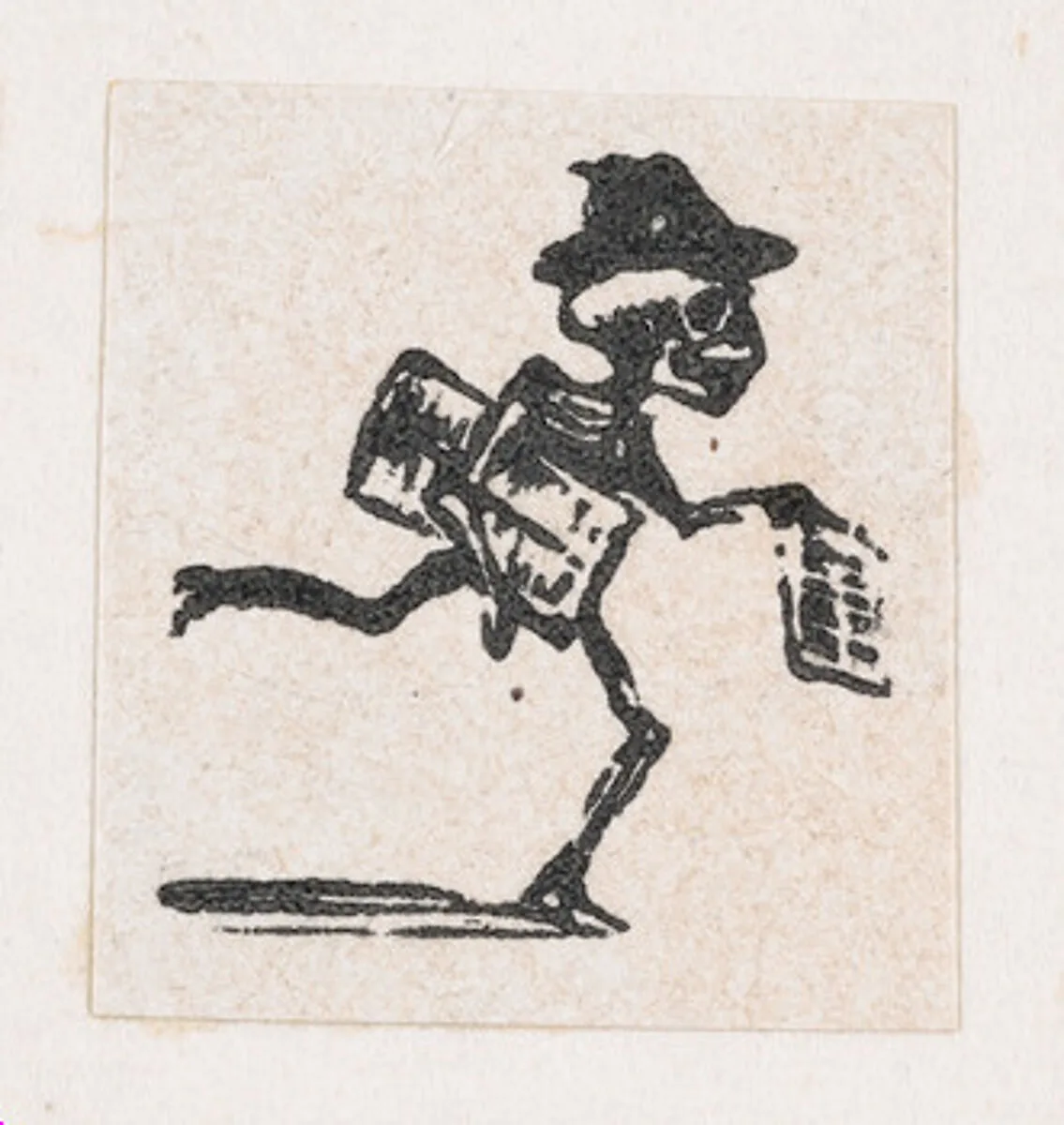 A skeleton wearing a hat, holding newspapers and running — José Guadalupe Posada