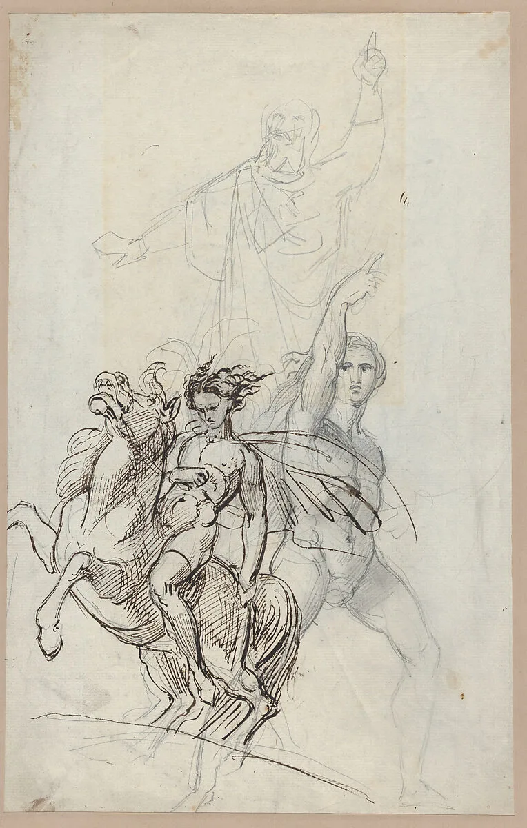 An Equestrian Figure and Other Studies (recto); A Sleeping Girl and Man in Medieval Costume (verso) — Theodor Richard Edward von Holst