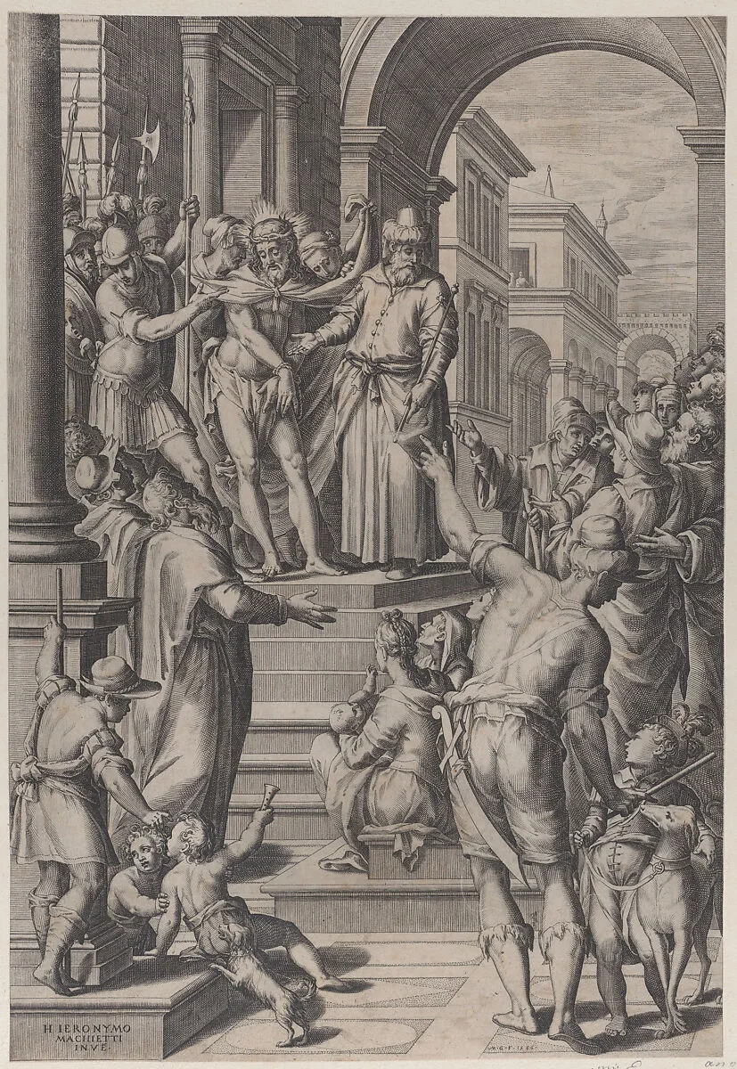 Christ presented to the people by Pilate, standing atop stairs at left with a crowd at right — Girolamo Macchietti|Matthaeus Greuter