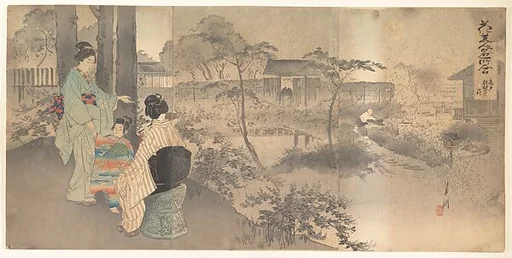 亀戸龍眼寺の萩|Bush Clover at Ryuganji Temple, Kameido from the series hana bijin meisho awase (Collections of Flowers, Beauties and Famous Places) 亀戸龍眼寺の萩