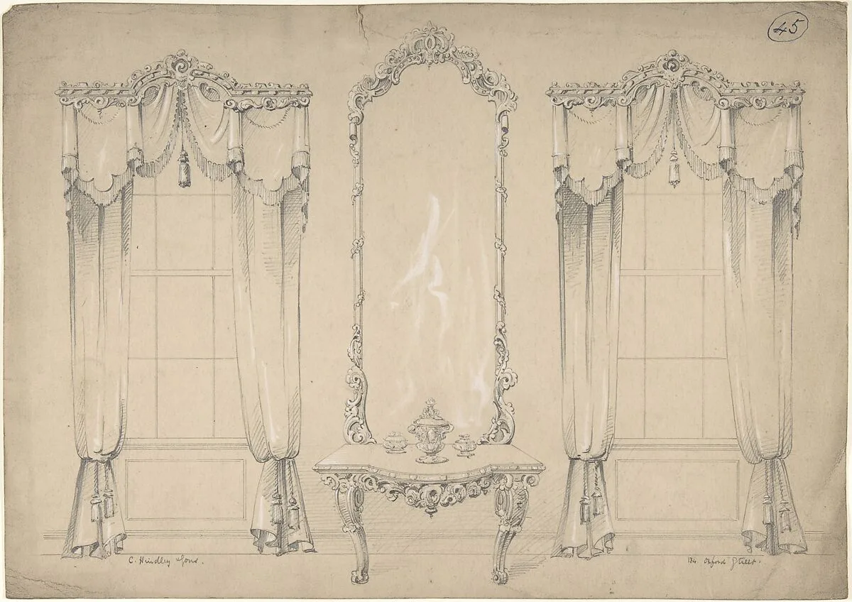Design for Wall with Two Windows, Side Table, and Mirror — Charles Hindley and Sons