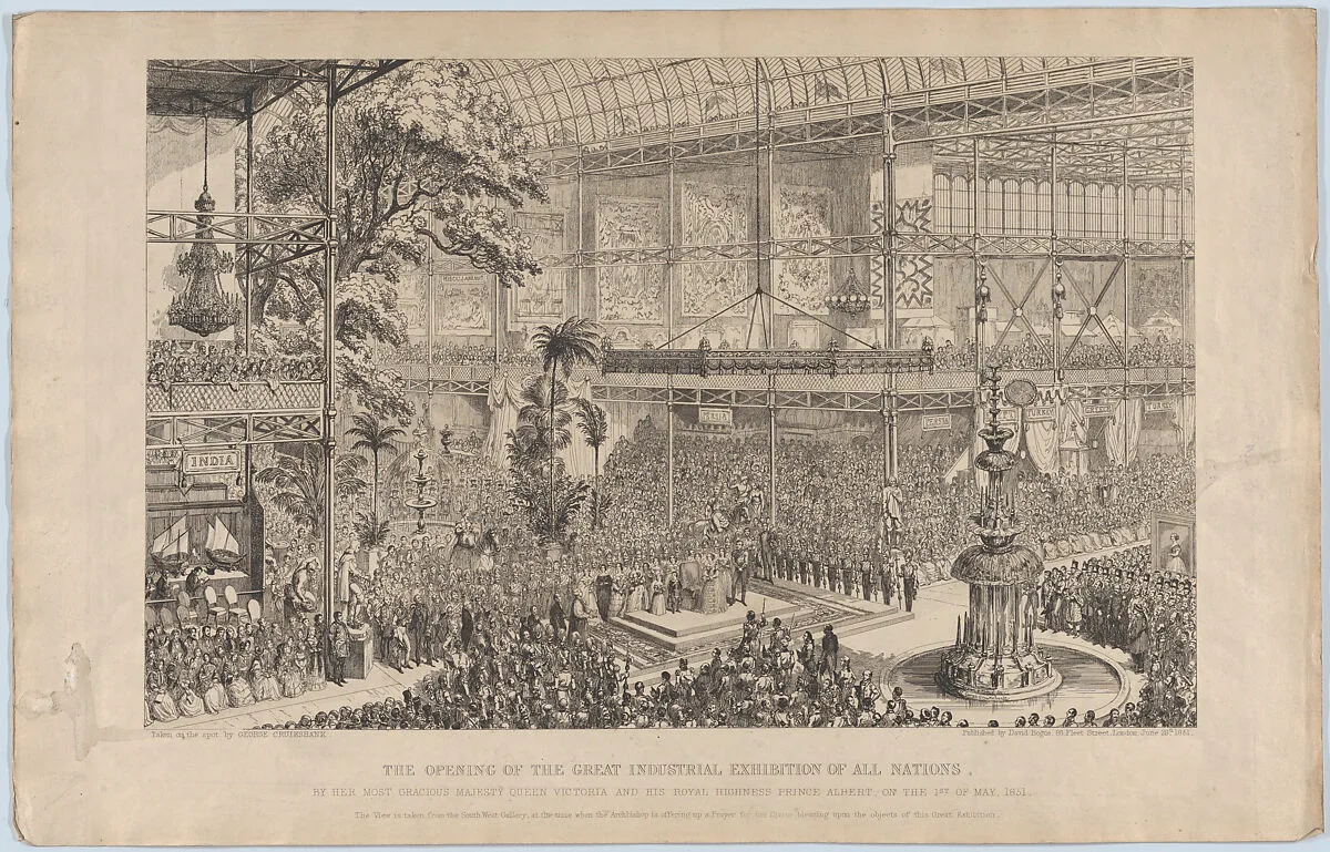 The Opening of the Great Industrial Exhibition of All Nations, by Her Most Gracious Majesty Queen Victoria and His Royal Highness Prince Albert, on the 1st of May, 1851: The View is Taken from the South West Gallery, at the time when the Archbishop is offering up a Prayer for the Divine blessing upon the objects in the Exhibition — Prince Albert of Saxe-Coburg-Gotha|Queen Victoria|Arthur Wellesley, 1st Duke of Wellington|David Bogue|George Cruikshank|Sir Joseph Paxton