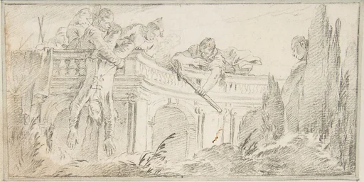Illustration for a Book: Scene of Men Disposing of Corpse in a Garden