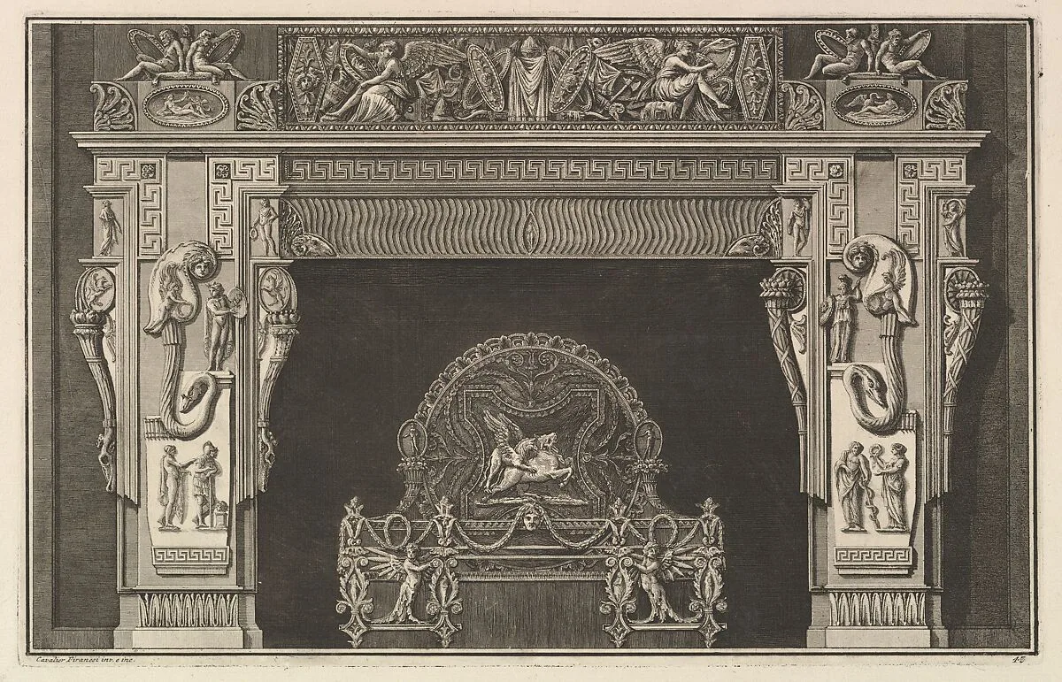 Chimneypiece: Frieze of trophies and winged Victories on the lintel, with cornucopias to either side of the jambs decorated with varied reliefs (Ch. décorée d'une grecque), from Diverse Maniere d'adornare i cammini ed ogni altra parte degli edifizi...(Different Ways of ornamenting chimneypieces and all other parts of houses) — Giovanni Battista Piranesi