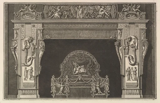 Chimneypiece: Frieze of trophies and winged Victories on the lintel, with cornucopias to either side of the jambs decorated with varied reliefs (Ch. décorée d'une grecque), from Diverse Maniere d'adornare i cammini ed ogni altra parte degli edifizi...(Different Ways of ornamenting chimneypieces and all other parts of houses)
