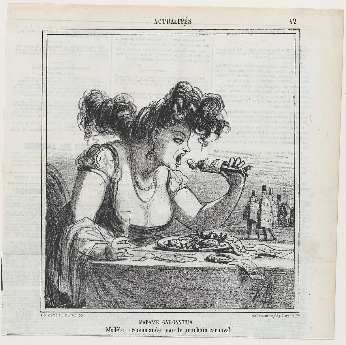 Madame Gargantua: A model, recommended for the next carnival, from 'News of the day,' published in Le Charivari, March 2, 1866 — Destouches|Arnaud de Vresse|Honoré Daumier