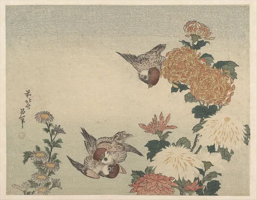 葛飾北斎画 菊に雀|Sparrows and Chrysanthemums