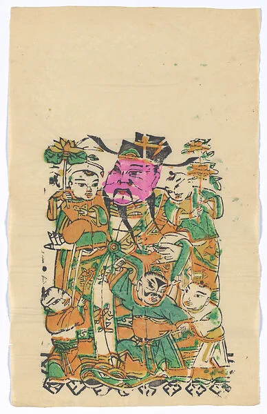 現代 佚名 五子天官(右) 彩印木刻年畫 河南朱仙鎮|New Year Picture of Civil Door God with Five Children (right one of a pair) — Unidentified artist(s)