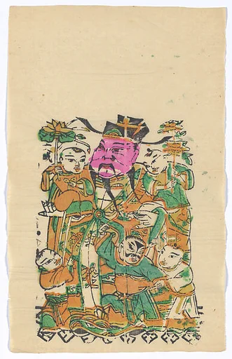 現代 佚名 五子天官(右) 彩印木刻年畫 河南朱仙鎮|New Year Picture of Civil Door God with Five Children (right one of a pair)
