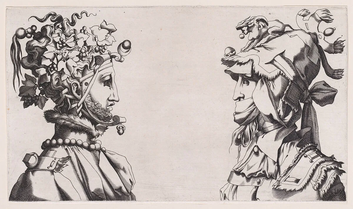 Fantastical Masked Masculine Heads — René Boyvin|Anonymous, French, 16th century|Rosso Fiorentino