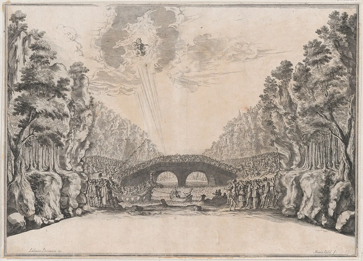 A row boat leading a ship to shore while a large group of figures looks on from the coast and along the bridge at center; a deity appears in the sky at upper left; set design from 'Il Fuoco Eterno' — Mathäus Küsel|Ludovico Ottaviano Burnacini