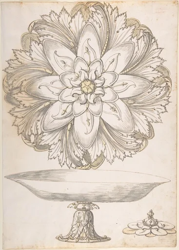 Design for Single Footed Dish with Cover Shaped like Flower and Foliage