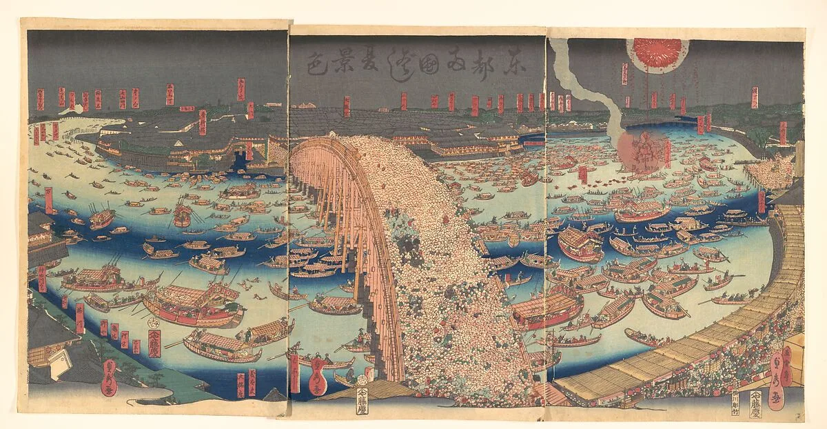 Tōtō Ryōgokubashi natsu keshiki|Panoramic View of Ryōgoku Bridge in the Summer — Utagawa (Gountei) Sadahide