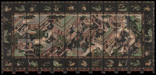 清 馮朗公 宮苑圖 屏風|Palace Scene