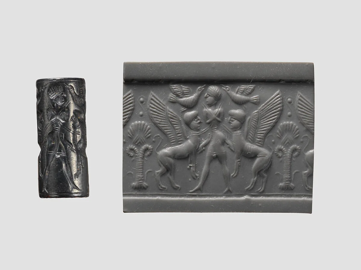Cylinder seal and modern impression: human figure flanked by sphinxes, birds — Unknown