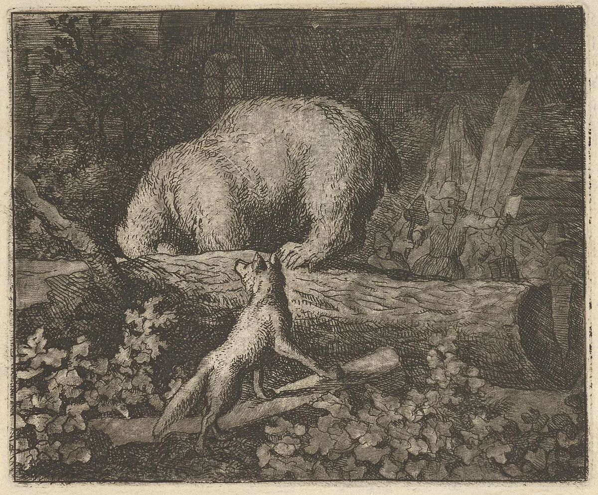 The Bear's Snout and Paws Are Caught in the Trunk of a Tree from Hendrick van Alcmar's Renard The Fox — Allart van Everdingen