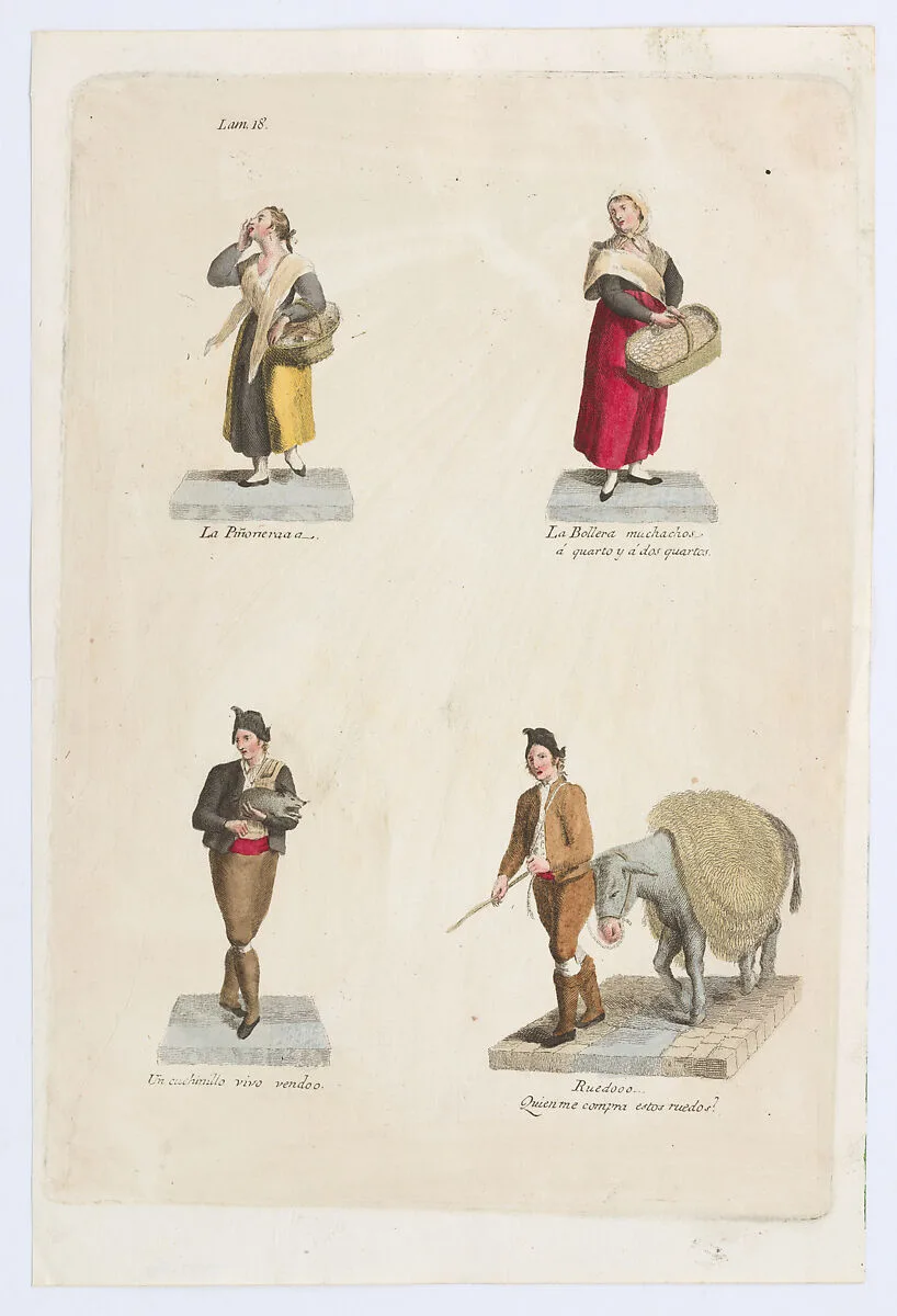Plate 18: four street vendors from Madrid selling food, a pig etc, from 'Los Gritos de Madrid' (The Cries of Madrid) — Imprenta Real, Madrid|Miguel Gamborino