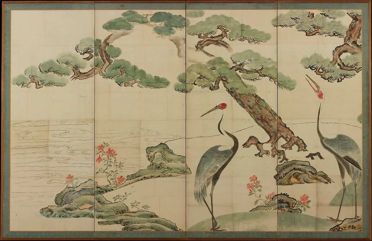尾形光琳筆 松竹に鶴図屏風|Cranes, Pines, and Bamboo — Ogata Kōrin