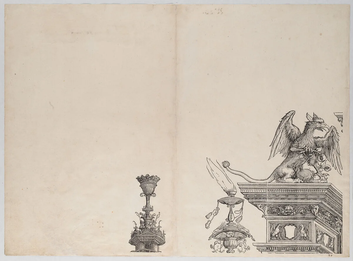The Ornaments Atop the Left Portal, from the Arch of Honor, proof, dated 1515, printed 1517-18 — Hans Springinklee|Wolf Traut|Albrecht Dürer|Hieronymus Andreae