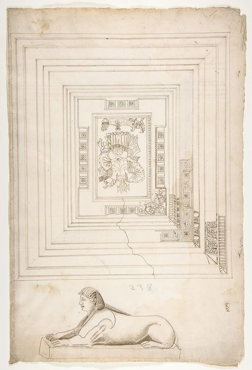 Palazzo dei Conservatori, coffered ceiling, ceiling plan and details; Sphinx, perspective view (recto) blank (verso) — Anonymous, French, 16th century