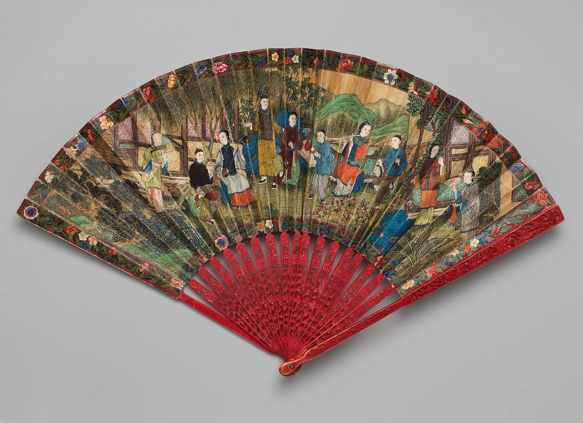 Folding Fan with Scene of Figures in a Courtyard Garden — Unknown