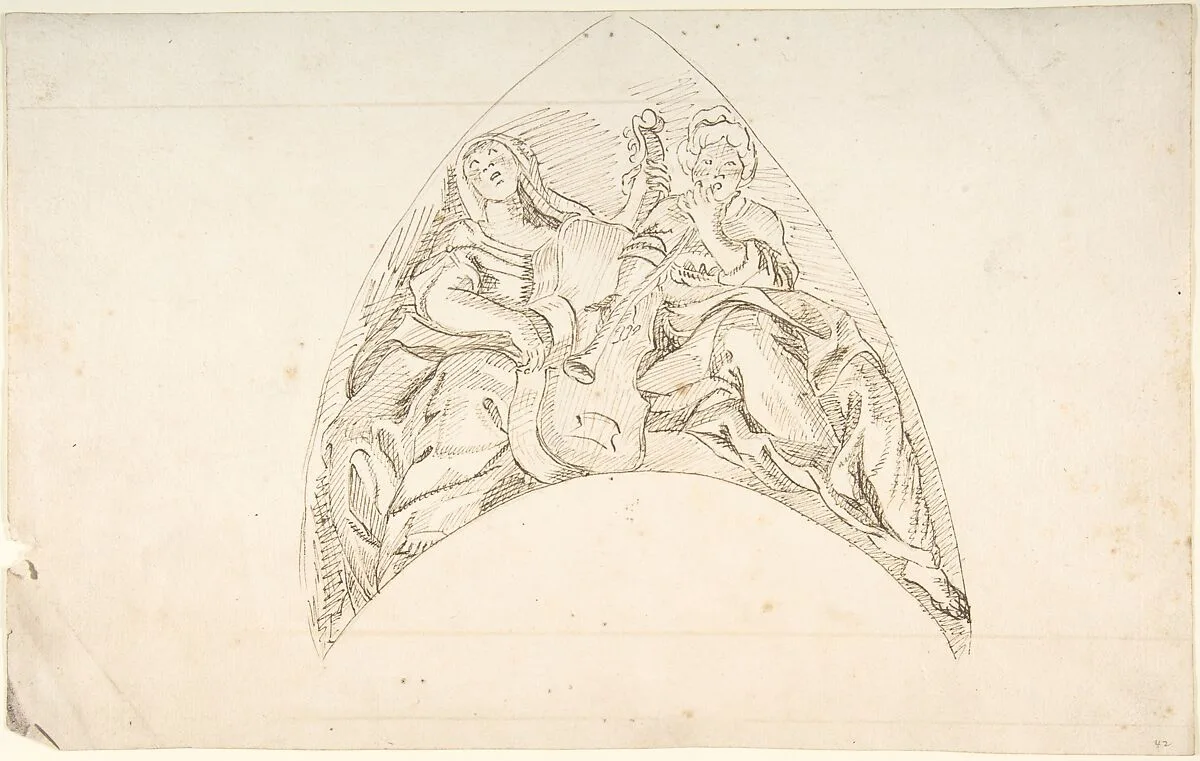 Design for a Pedentive Decoration: two women with musical instruments — Anonymous, Italian, Piedmontese, 18th century