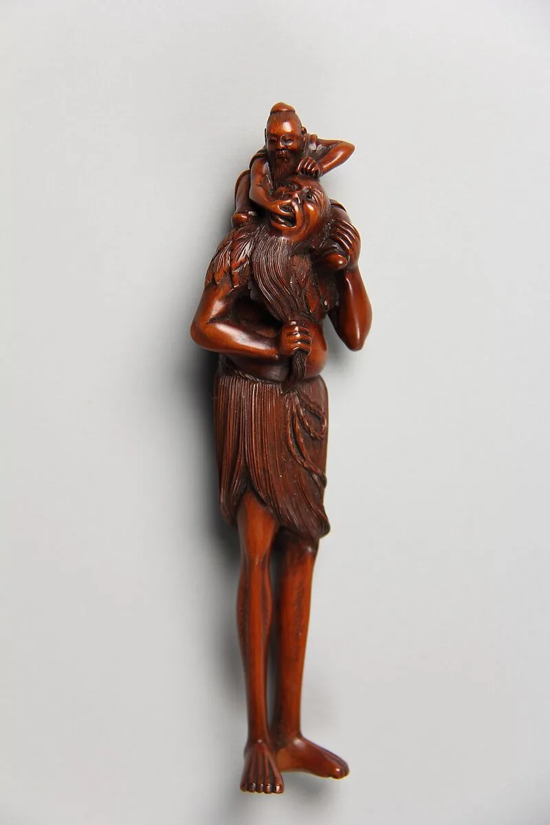 足長と仙人木彫根付|Ashinaga (Long Legs) and a Daoist Sage — Unknown
