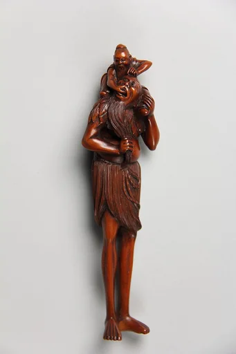 足長と仙人木彫根付|Ashinaga (Long Legs) and a Daoist Sage