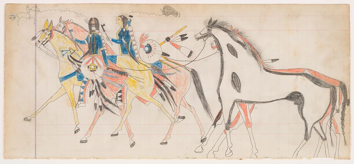 Two Riders Leading Horses (Henderson Ledger Artist B) — Frank Henderson