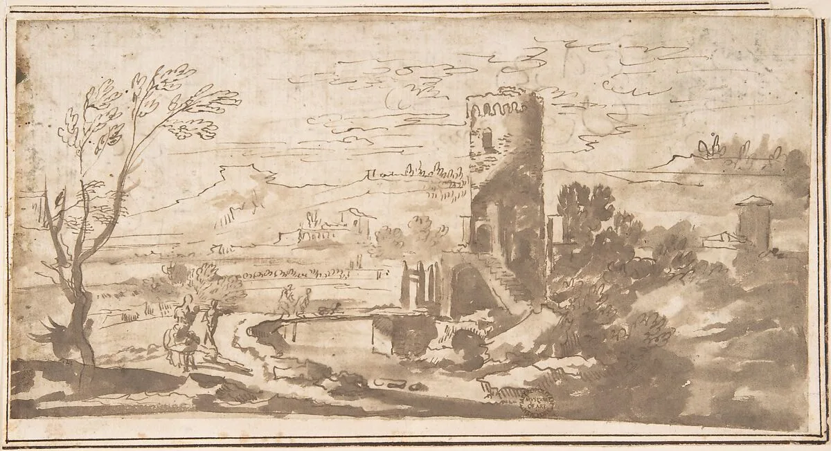 Landscape with Round Tower and Figures Crossing a Bridge — Anonymous, Italian, Roman-Bolognese, 17th century