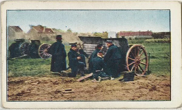Card No. 71, The Battle of Hostade, Belgian Field Guns in Action, from the World War I Scenes series (T121) issued by Sweet Caporal Cigarettes — American Tobacco Company|Underwood & Underwood