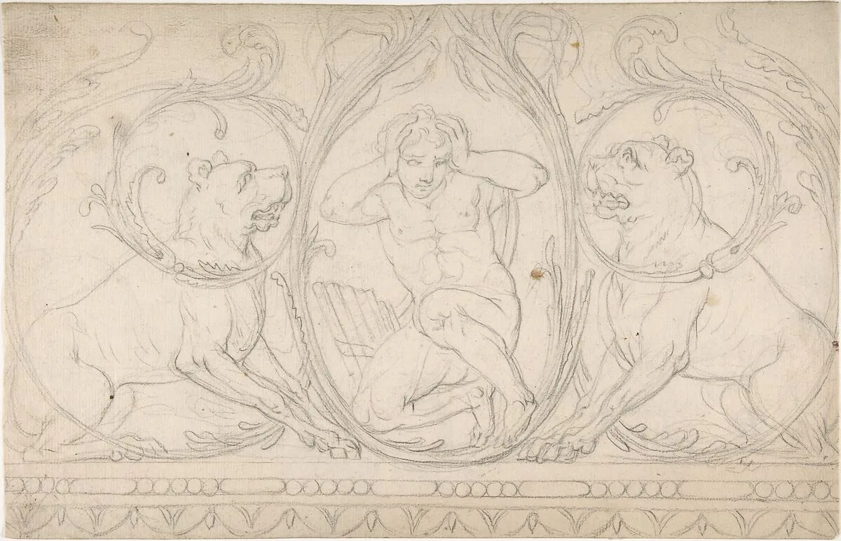 Ornament Containing a Nude Male with Pipes Framed by Two Dogs — Anonymous, German, 19th century
