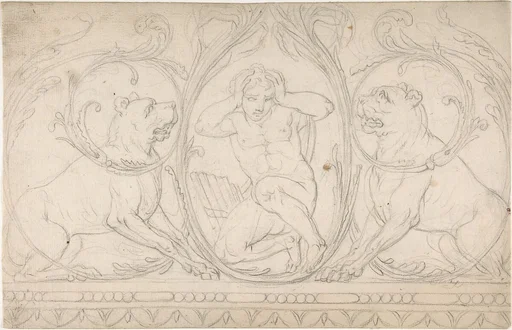 Ornament Containing a Nude Male with Pipes Framed by Two Dogs