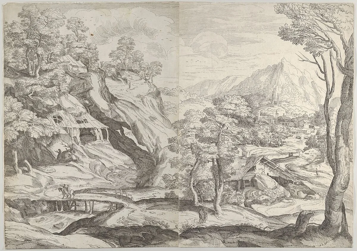Landscape with a town in the background at the right, a winding road in the foreground — Anonymous, Italian, 16th century