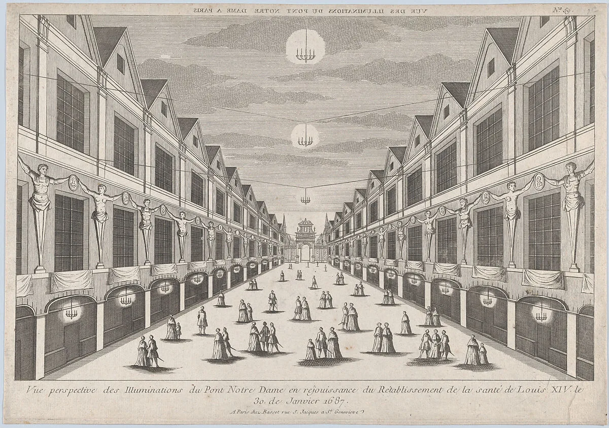 Perspective view of the Illuminations on the Pont Notre Dame, in celebration of the recovery of the health of Louis XIV, January 30, 1687 — Anonymous|Basset