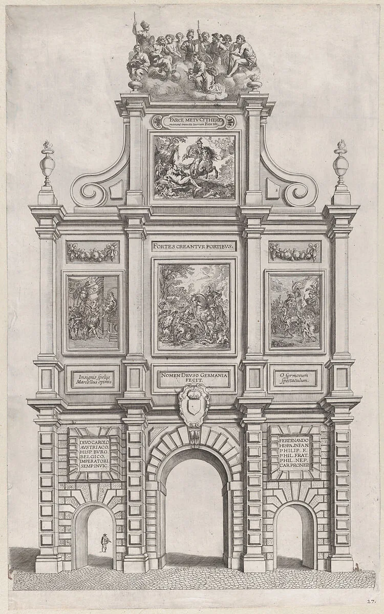 Plate 27: Triumphal arch, elevation of the back, surmounted by allegorical figures and decorated with scenes from Roman mythology and history; from Guillielmus Becanus's 'Serenissimi Principis Ferdinandi, Hispaniarum Infantis...' — Johannes Meursius