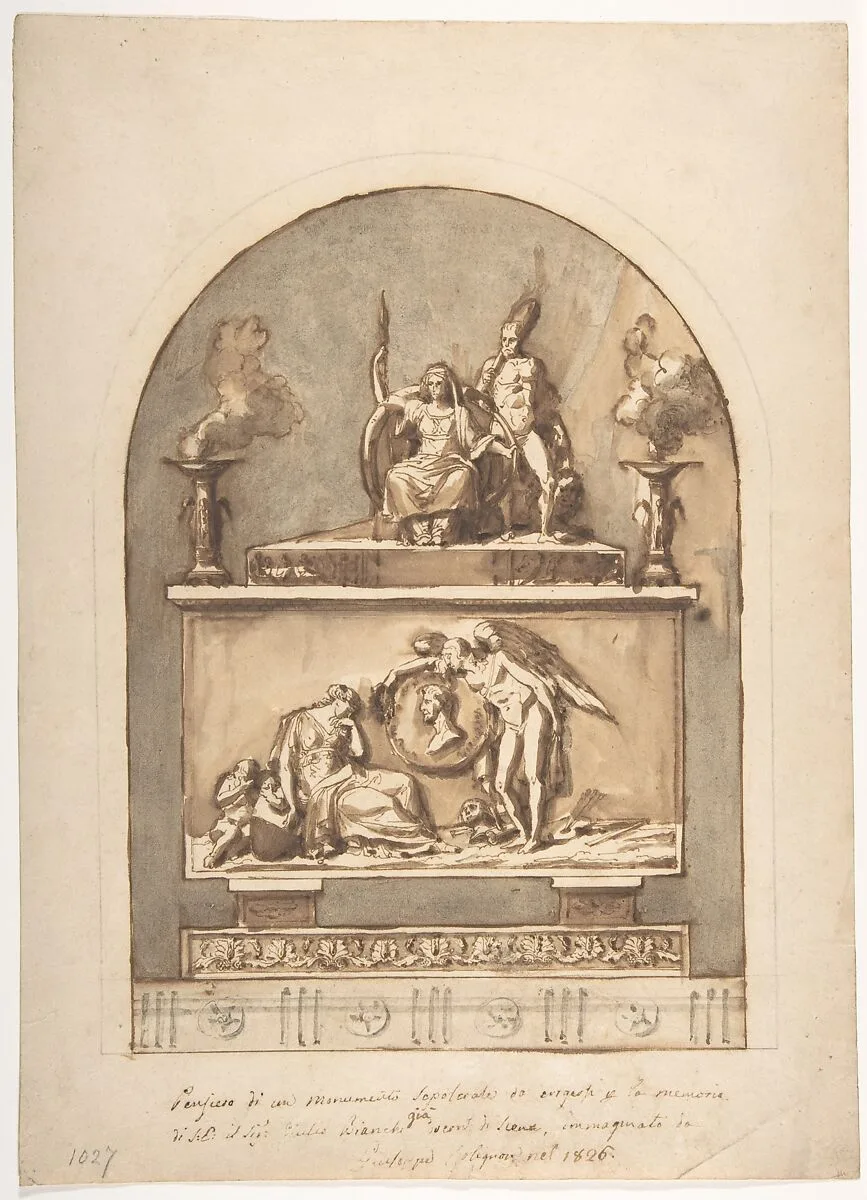 Design for a Sepulchral Monument Divided in Two Parts with Bas Relief Surmounted by Statues and Foliate Decoration Below. — Guiseppe Colignon (Collignon)