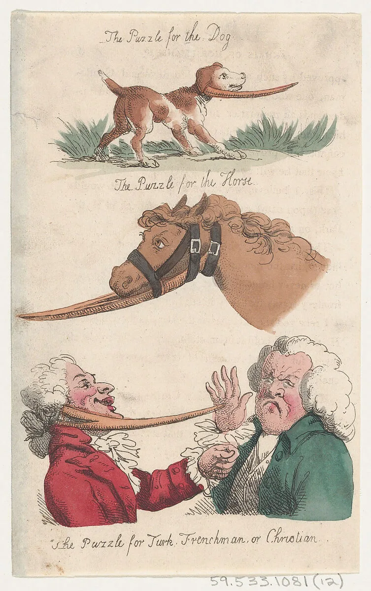 The Puzzle for the Dog; The Puzzle for the Horse; The Puzzle for Turk, Frenchman, or Christian — Thomas Rowlandson|Thomas Tegg|Henry William Bunbury