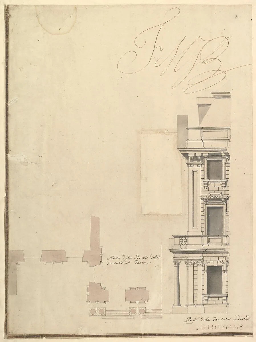 Views of a Theater (Bayreuth): Profile View of Facade and Half of the Plan — Giuseppe Galli Bibiena