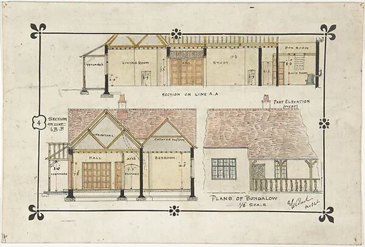 Bungalow drawing -- Western elevation and interior