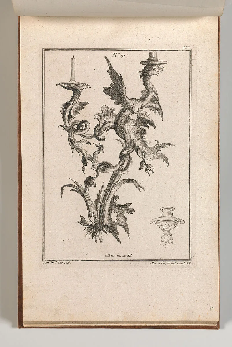Design for a Two-Armed Candelabra with a Dragon, Plate 1 from an Untitled Series of Designs for Suspended Candelabras — Martin Engelbrecht|Carl Pier