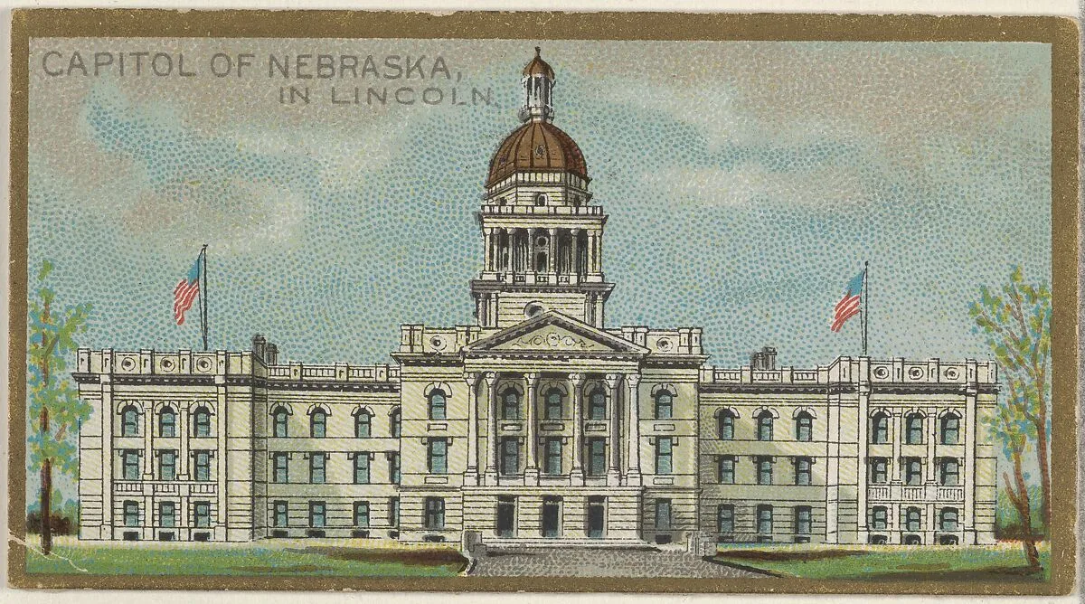 Capitol of Nebraska in Lincoln, from the General Government and State Capitol Buildings series (N14) for Allen & Ginter Cigarettes Brands — Allen & Ginter|The Gast Lithograph & Engraving Company