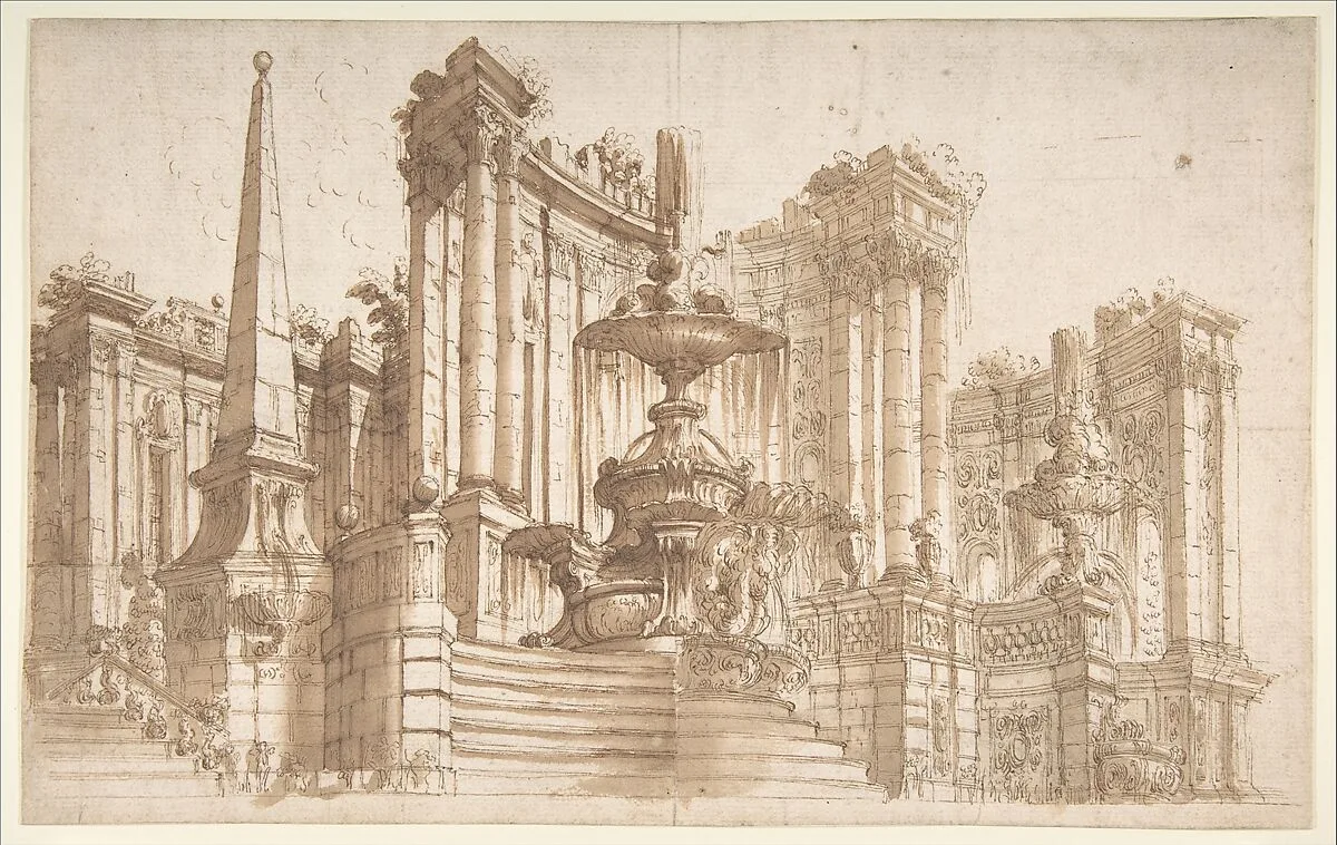Design for a Stage Set: Semi-Circular Architectural Ruins, Fountains, and an Obelisk — Ferdinando Galli Bibiena