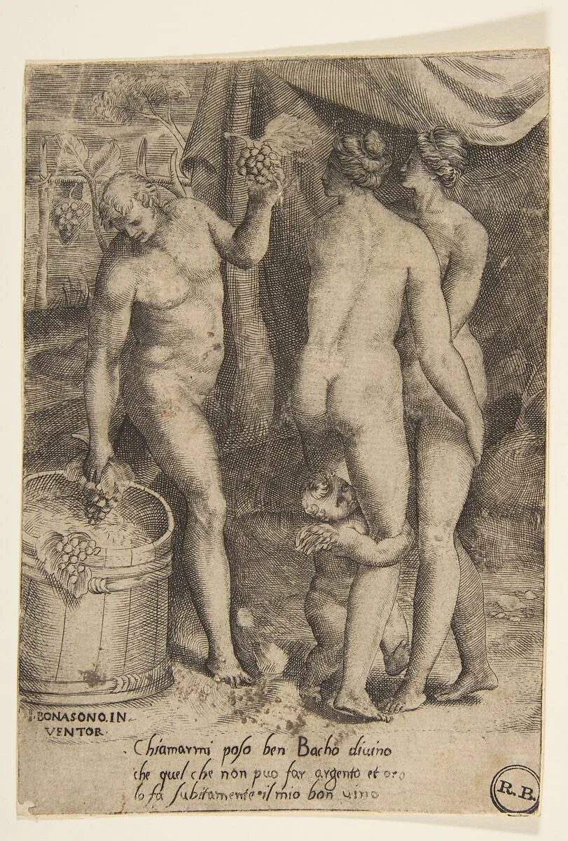 Bacchus at left giving grapes to women, from "The Loves of the Gods" — Giulio Bonasone
