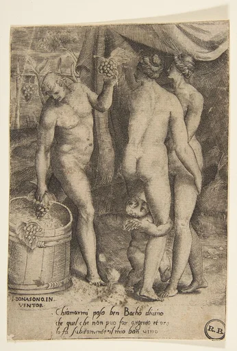 Bacchus at left giving grapes to women, from "The Loves of the Gods"