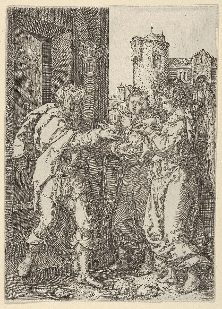 Lot Welcomes the Angels, from The Story of Lot — Heinrich Aldegrever