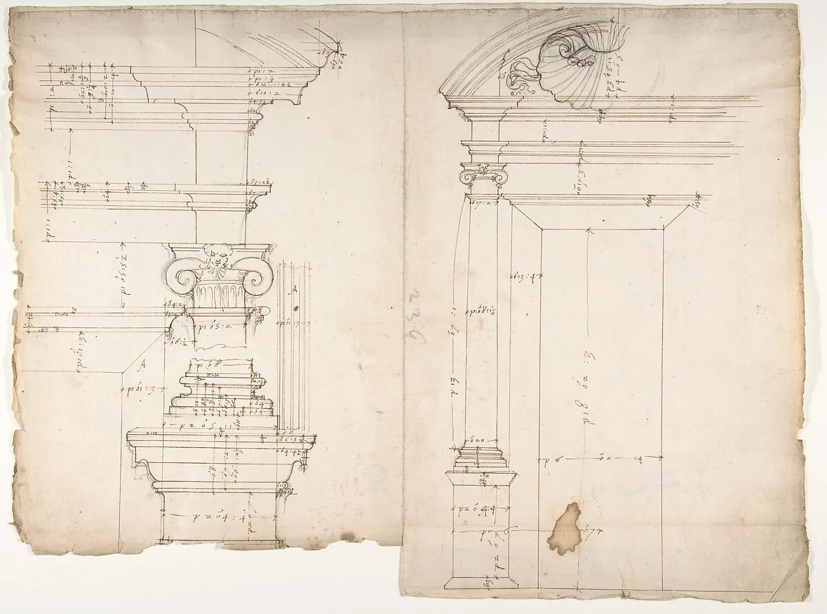 Palazzo dei Conservatori, window, elevation; window, details, elevation (recto) blank (verso) — Anonymous, French, 16th century