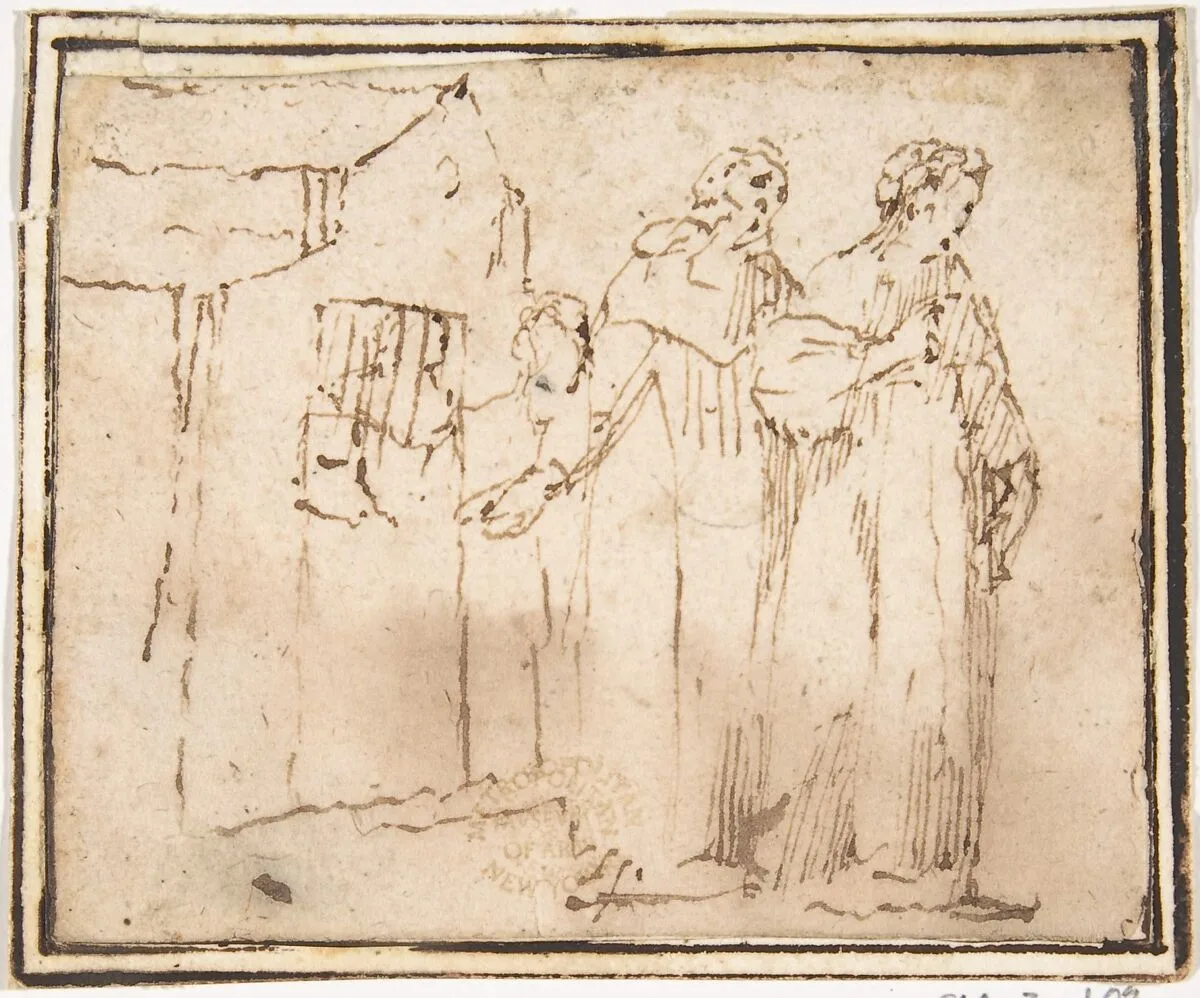 Two Monastic Figures Standing before a Church — Francesco Allegrini