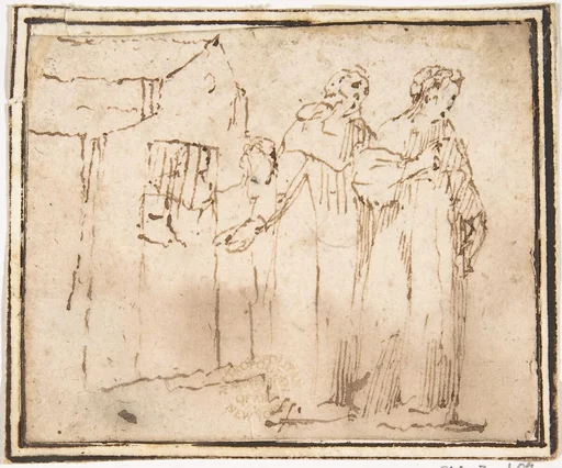 Two Monastic Figures Standing before a Church